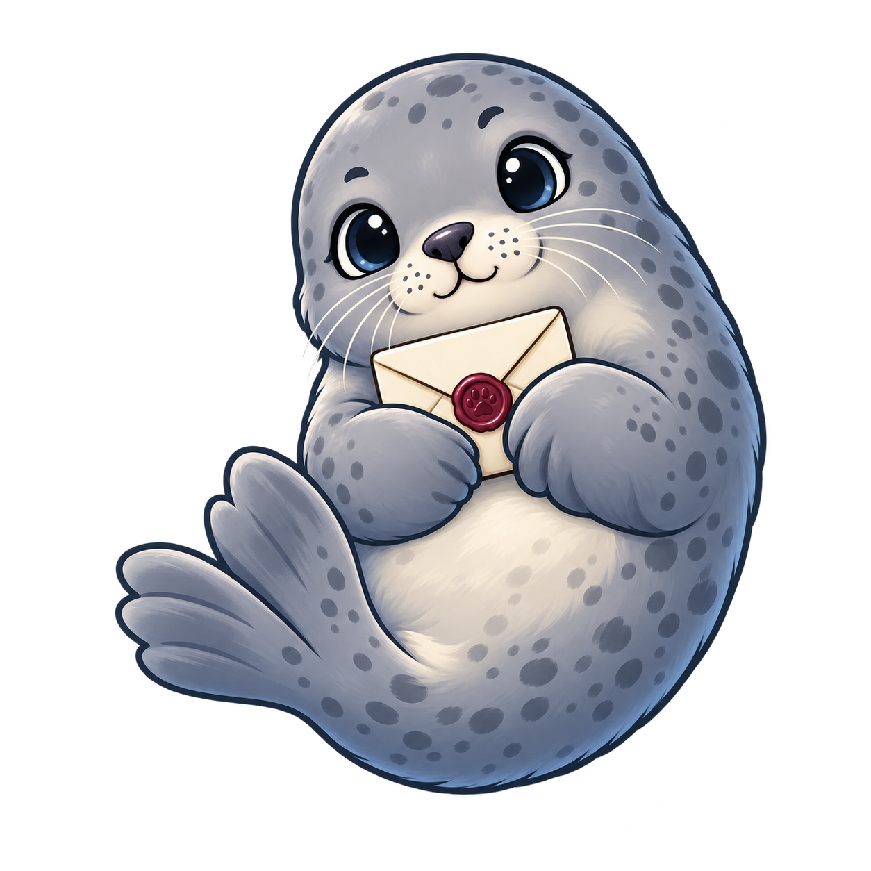 A cartoon seal protectively holding a sealed envelope